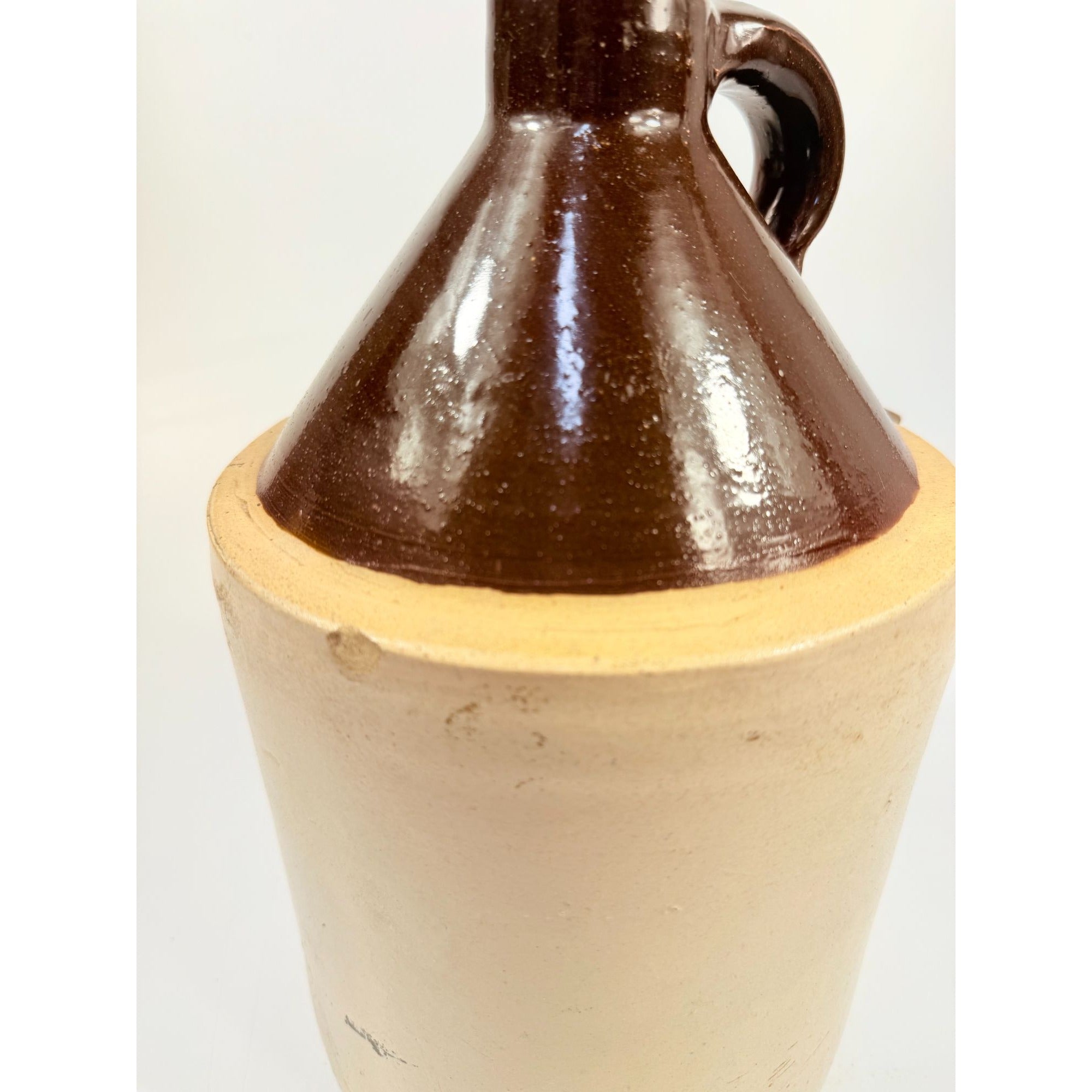 Antique Stoneware Jug • Two-Tone Brown & Cream Crock • Rustic Farmhouse Decor • Primitive Pottery with Chips Farmhouse Primitve Granny Core
