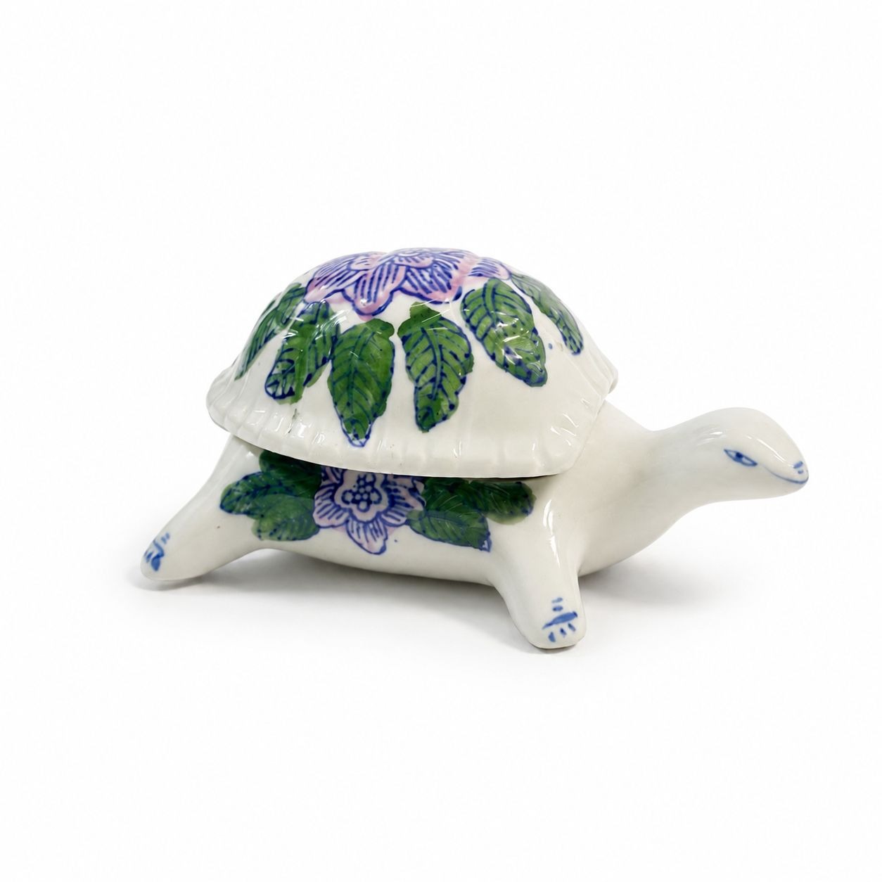 Trinket Box Turtle Vintage Chinoiserie Ceramic Porcelain Floral Shell Lid Blue Pink Green Leaves Traditional Home Decor Decorative Accents