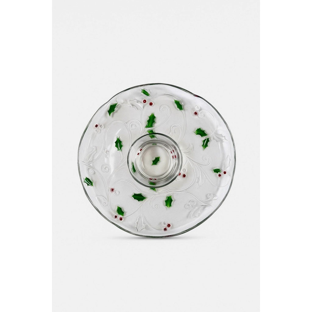 Christmas Chip and Dip Server Tray Celebtations Mikasa Merry Holly Clear Glass 15" Japan Holiday Serving Pieces Hostess Party  New in Box
