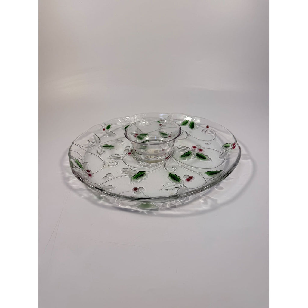 Christmas Chip and Dip Server Tray Celebtations Mikasa Merry Holly Clear Glass 15" Japan Holiday Serving Pieces Hostess Party  New in Box