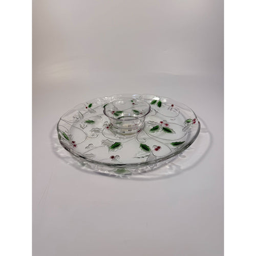 Christmas Chip and Dip Server Tray Celebtations Mikasa Merry Holly Clear Glass 15" Japan Holiday Serving Pieces Hostess Party  New in Box