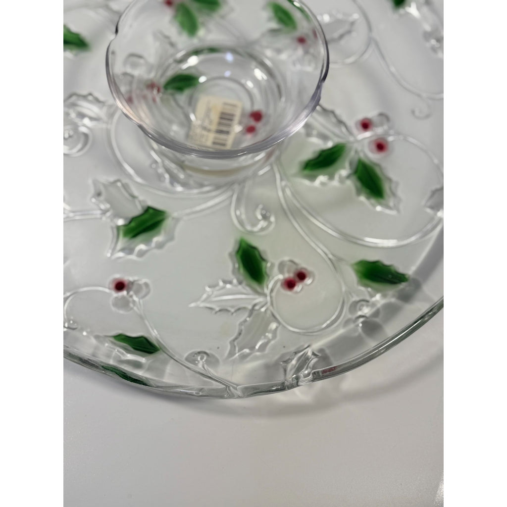 Christmas Chip and Dip Server Tray Celebtations Mikasa Merry Holly Clear Glass 15" Japan Holiday Serving Pieces Hostess Party  New in Box