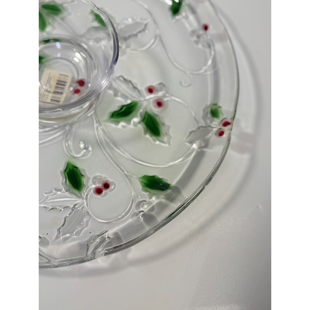 Christmas Chip and Dip Server Tray Celebtations Mikasa Merry Holly Clear Glass 15" Japan Holiday Serving Pieces Hostess Party  New in Box