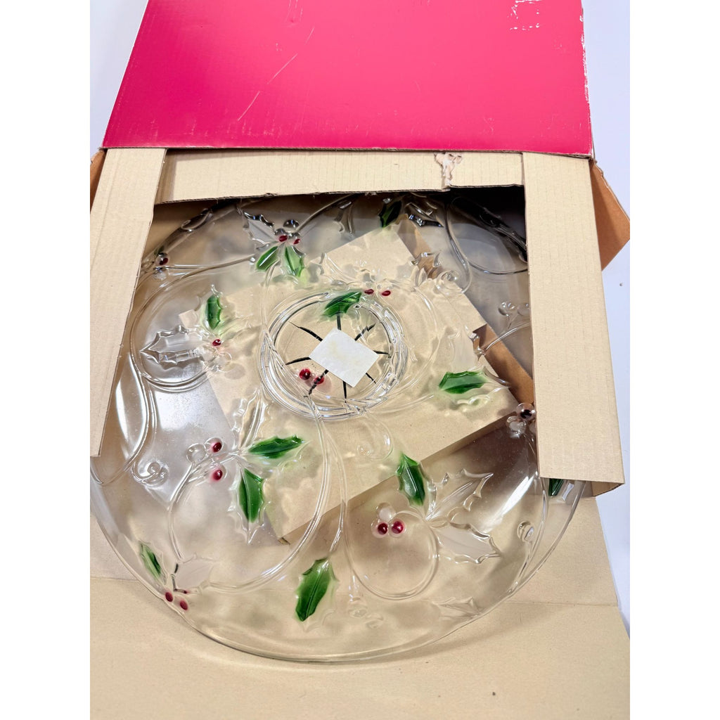 Christmas Chip and Dip Server Tray Celebtations Mikasa Merry Holly Clear Glass 15" Japan Holiday Serving Pieces Hostess Party  New in Box