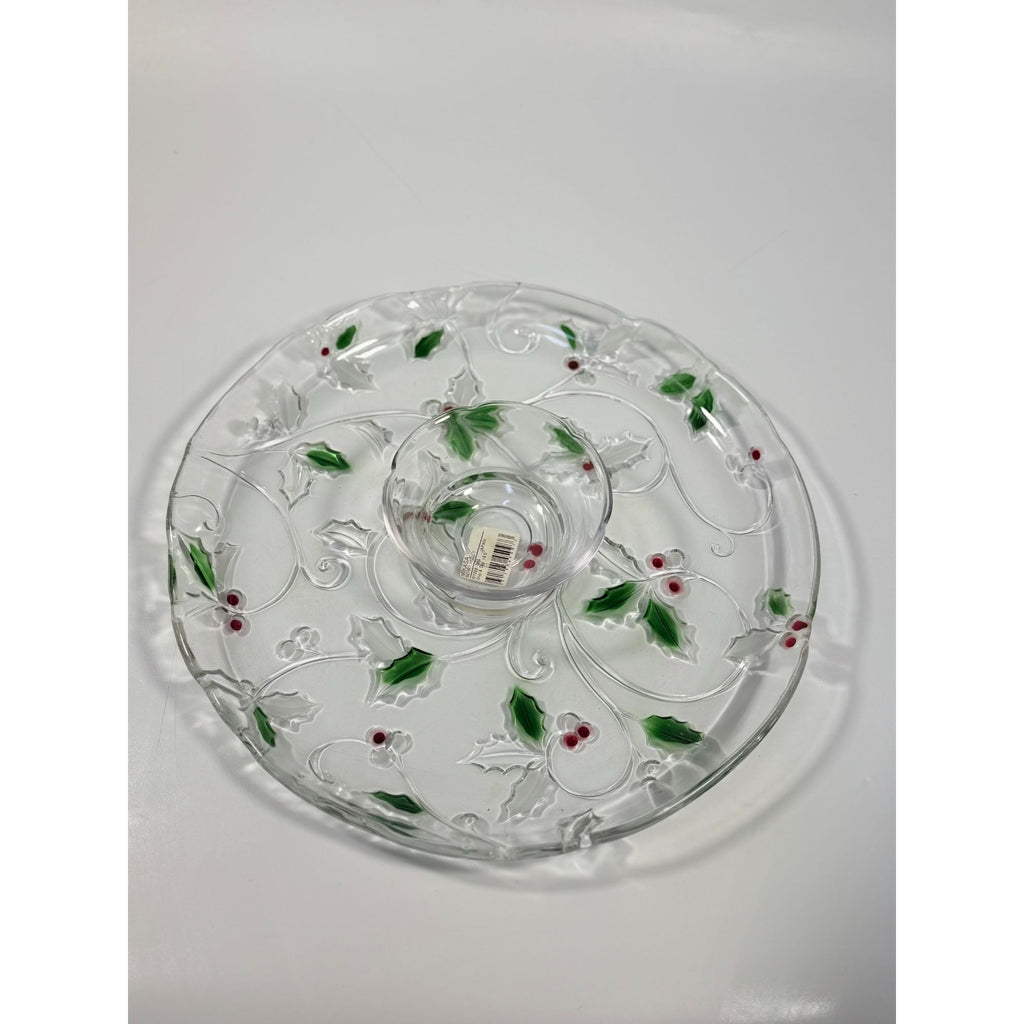 Christmas Chip and Dip Server Tray Celebtations Mikasa Merry Holly Clear Glass 15" Japan Holiday Serving Pieces Hostess Party  New in Box