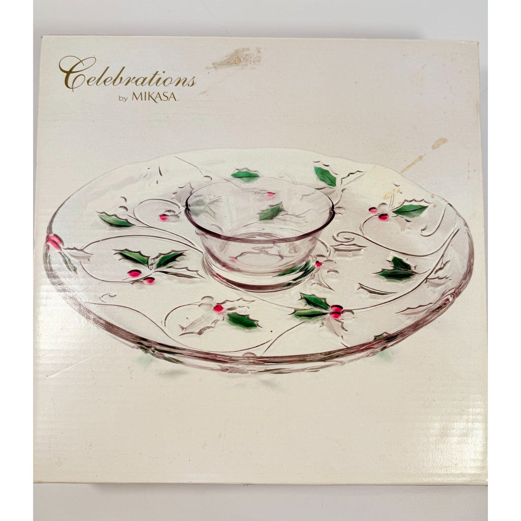 Christmas Chip and Dip Server Tray Celebtations Mikasa Merry Holly Clear Glass 15" Japan Holiday Serving Pieces Hostess Party  New in Box