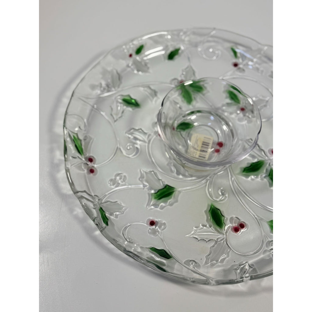 Christmas Chip and Dip Server Tray Celebtations Mikasa Merry Holly Clear Glass 15" Japan Holiday Serving Pieces Hostess Party  New in Box