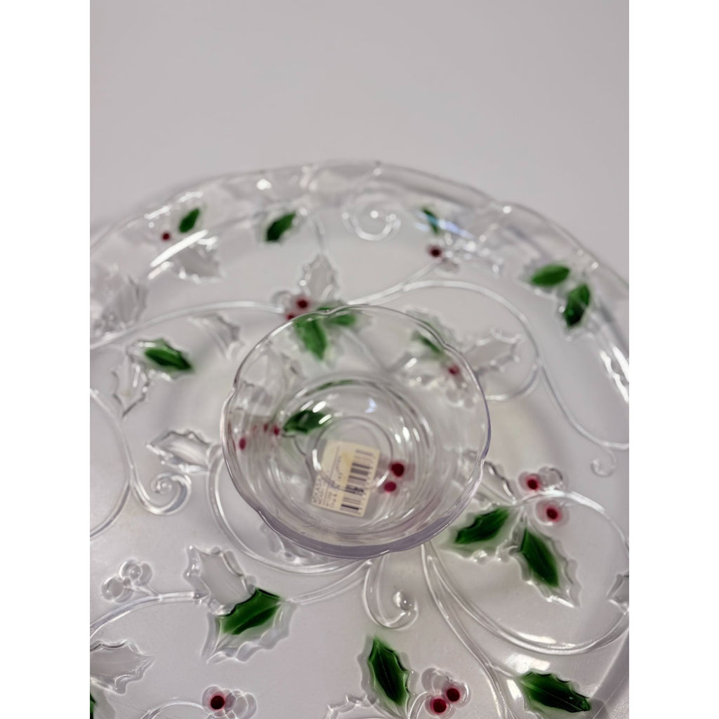Christmas Chip and Dip Server Tray Celebtations Mikasa Merry Holly Clear Glass 15" Japan Holiday Serving Pieces Hostess Party  New in Box