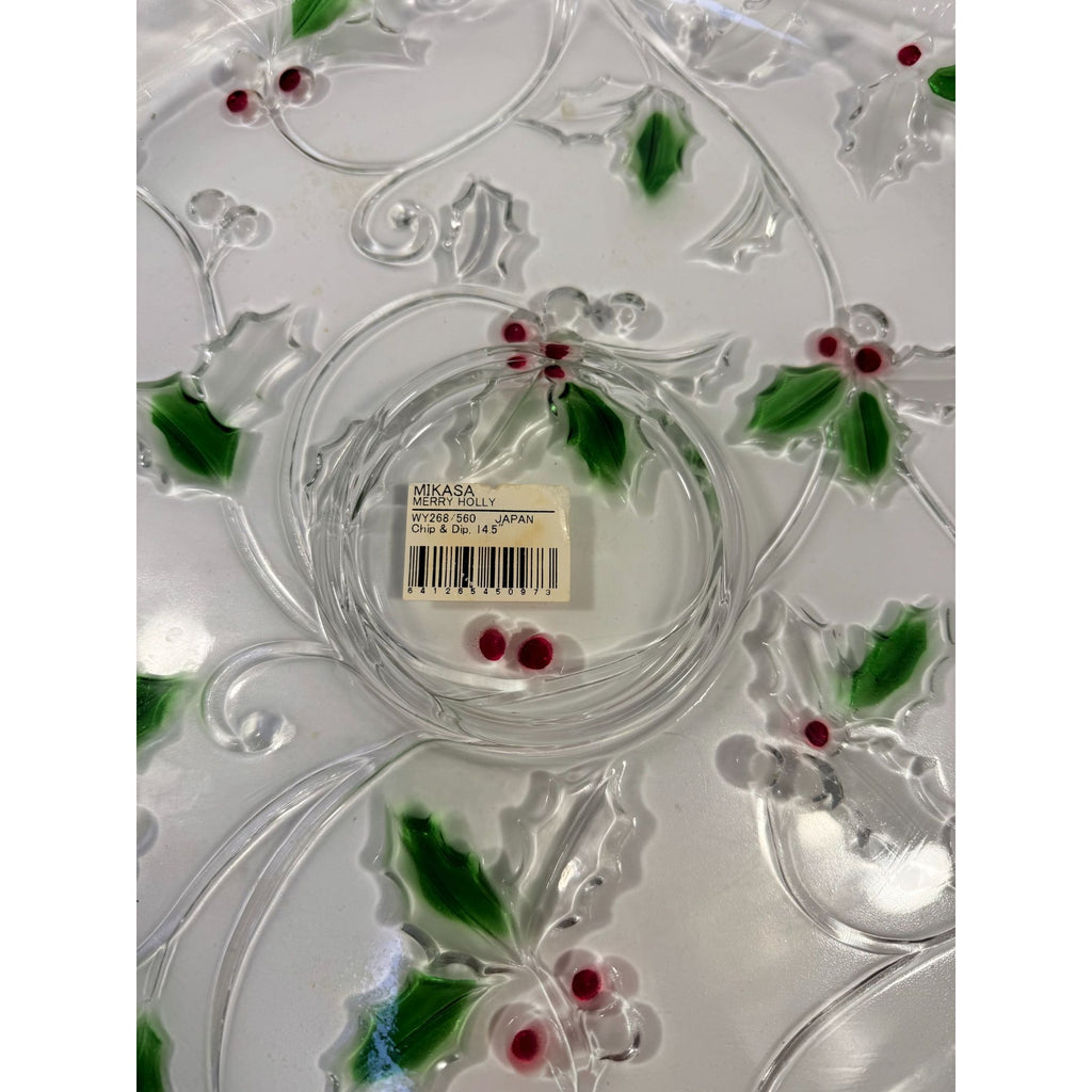 Christmas Chip and Dip Server Tray Celebtations Mikasa Merry Holly Clear Glass 15" Japan Holiday Serving Pieces Hostess Party  New in Box