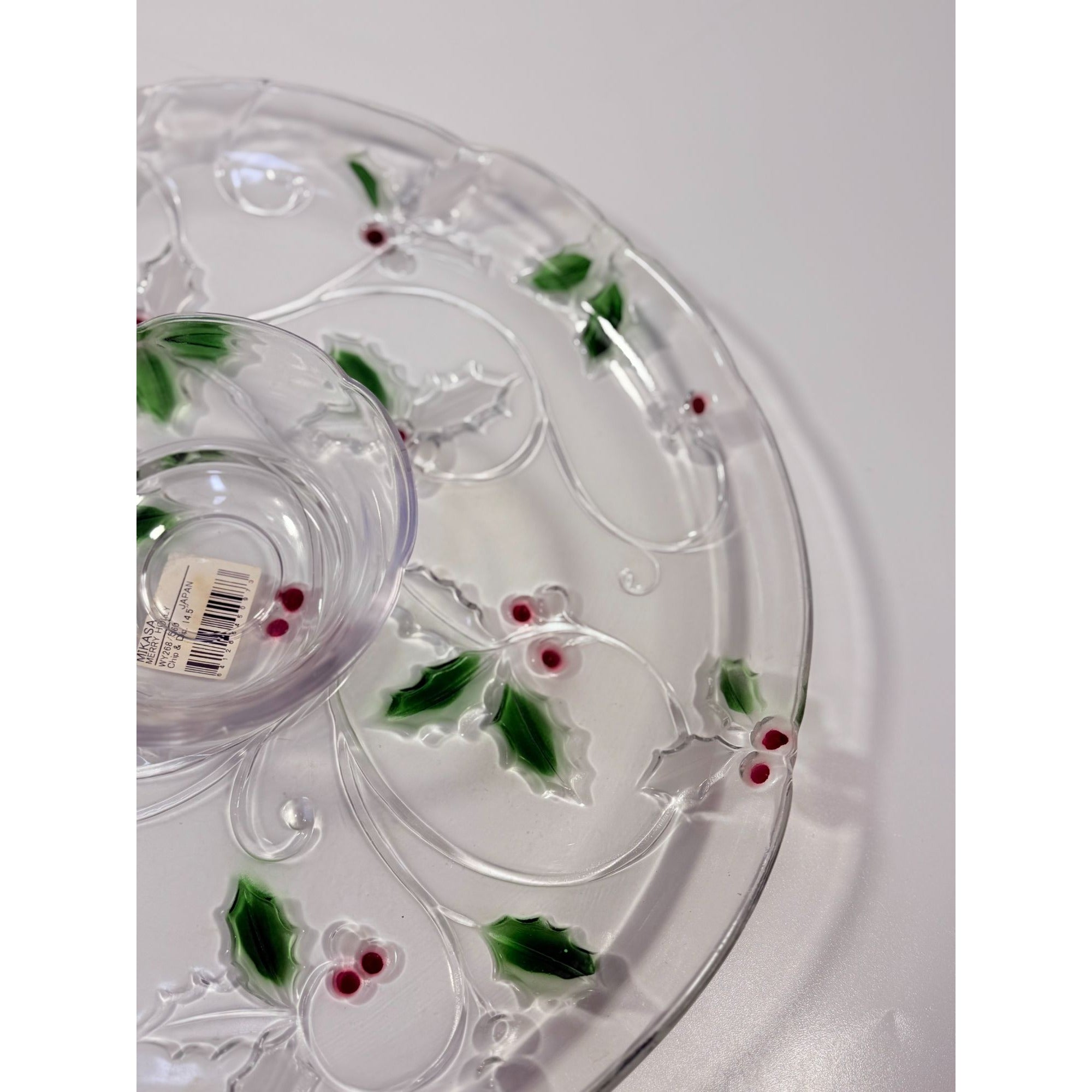 Christmas Chip and Dip Server Tray Celebtations Mikasa Merry Holly Clear Glass 15" Japan Holiday Serving Pieces Hostess Party  New in Box