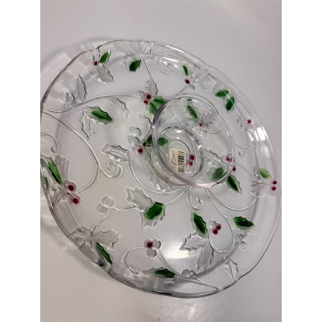 Christmas Chip and Dip Server Tray Celebtations Mikasa Merry Holly Clear Glass 15" Japan Holiday Serving Pieces Hostess Party  New in Box