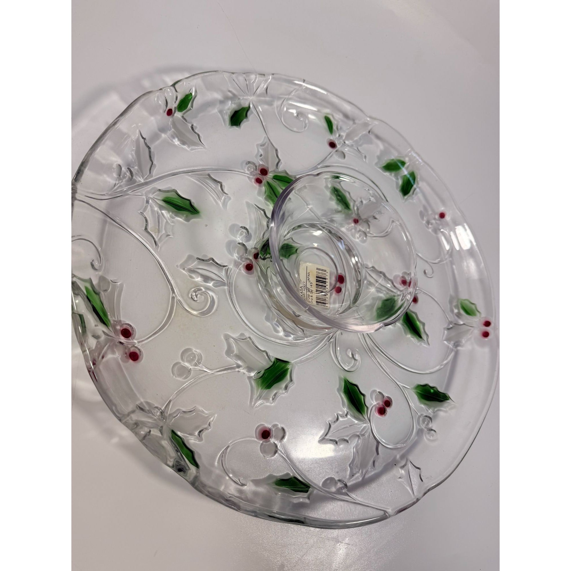 Christmas Chip and Dip Server Tray Celebtations Mikasa Merry Holly Clear Glass 15" Japan Holiday Serving Pieces Hostess Party  New in Box