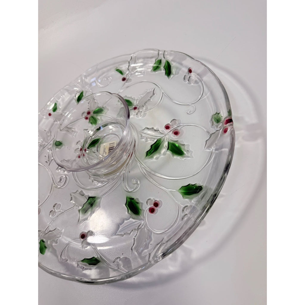 Christmas Chip and Dip Server Tray Celebtations Mikasa Merry Holly Clear Glass 15" Japan Holiday Serving Pieces Hostess Party  New in Box