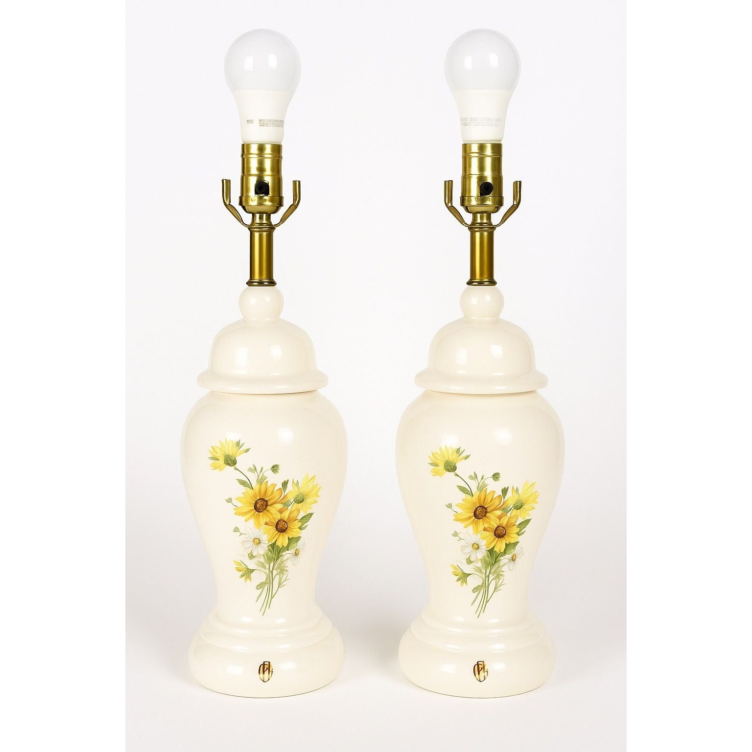 Ginger Jar Lamps Pair Ceramic Black Eyed Susan Ceramic End Table Buffett Mid Century Set 2 Vintage Granny Cottage Core Yelllow Flowers