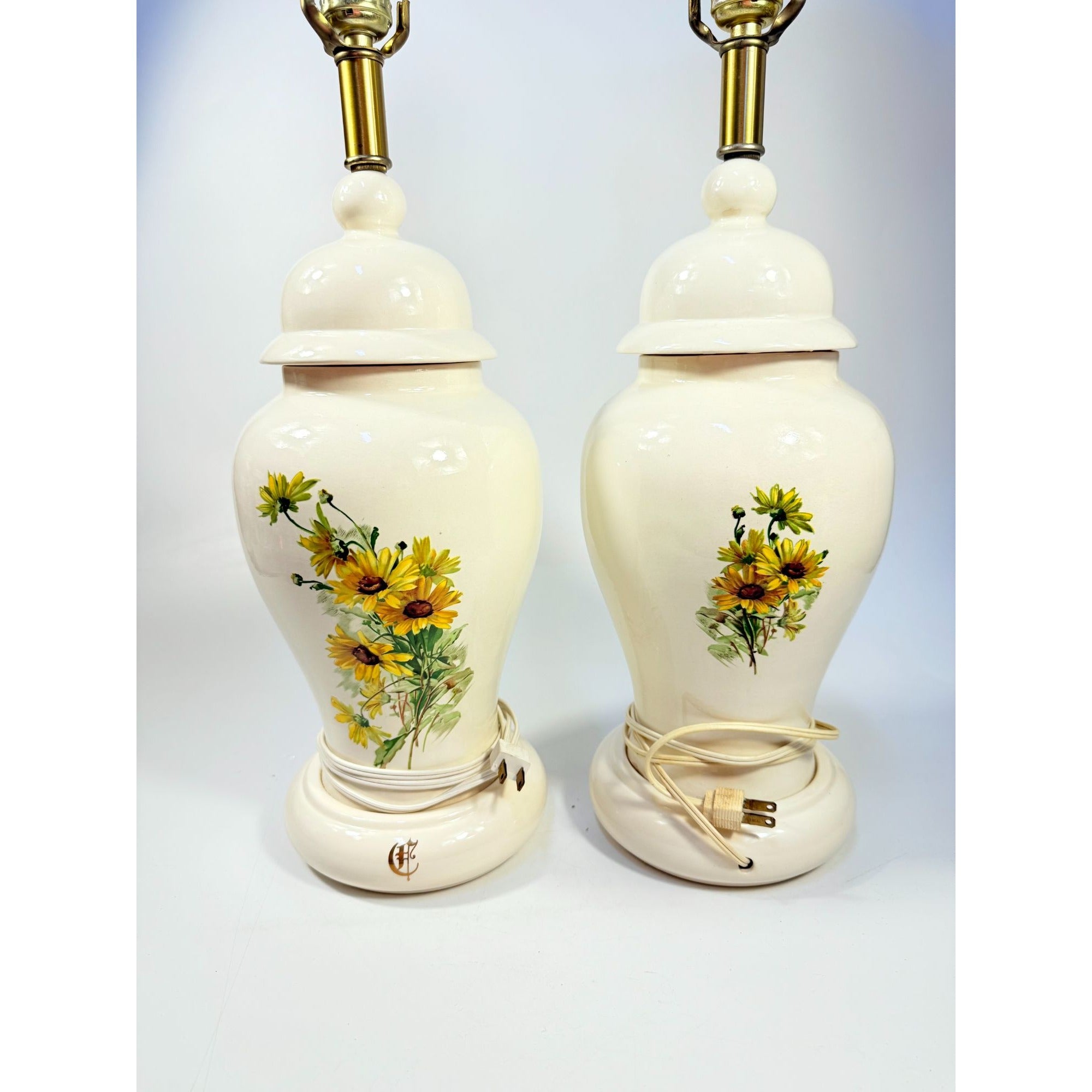 Ginger Jar Lamps Pair Ceramic Black Eyed Susan Ceramic End Table Buffett Mid Century Set 2 Vintage Granny Cottage Core Yelllow Flowers