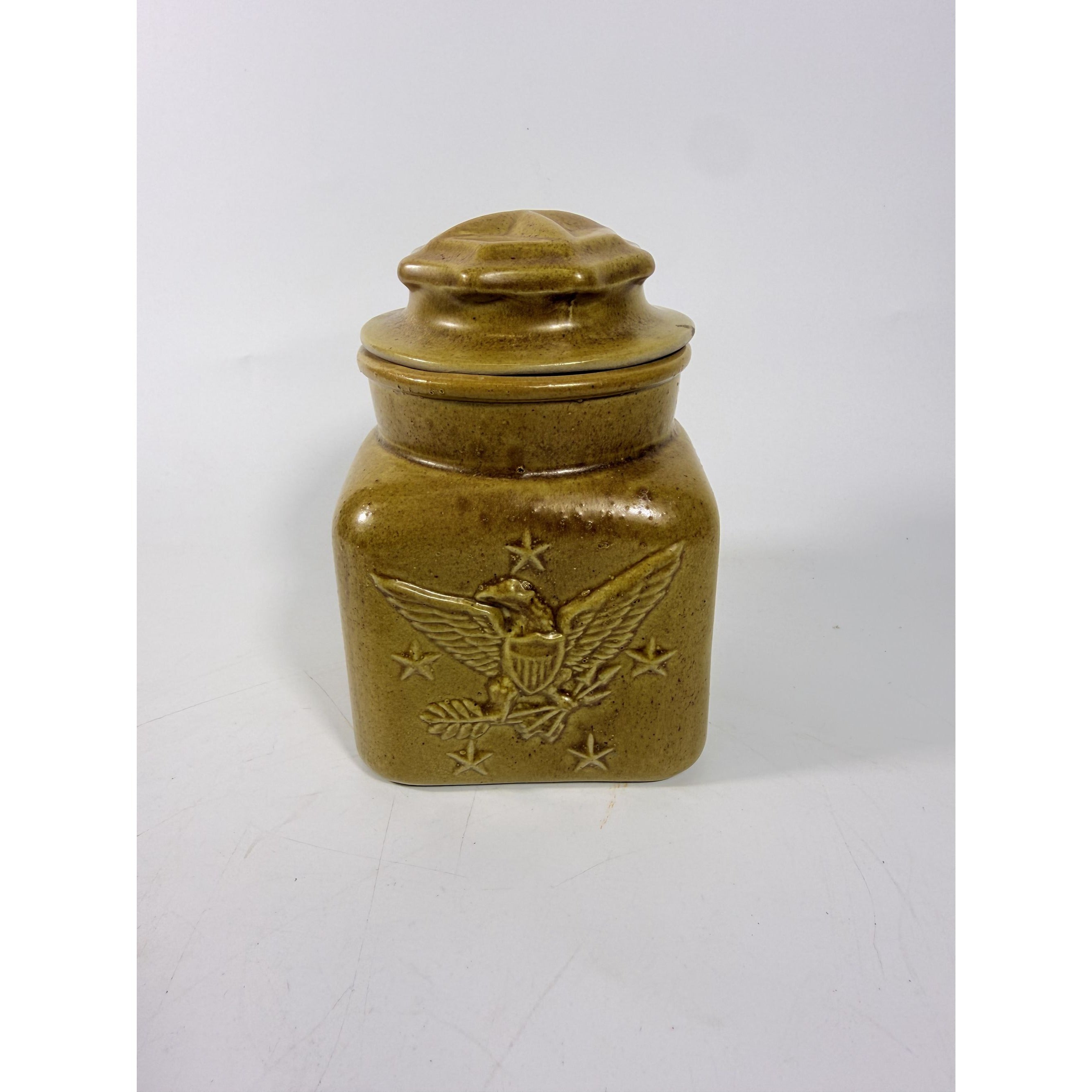 Pottery Canister Bicentennial Eagle Vintage Stoneware Chatham Potter Star American Atalier Glazed Brown Kitchenware Commemerative Collector