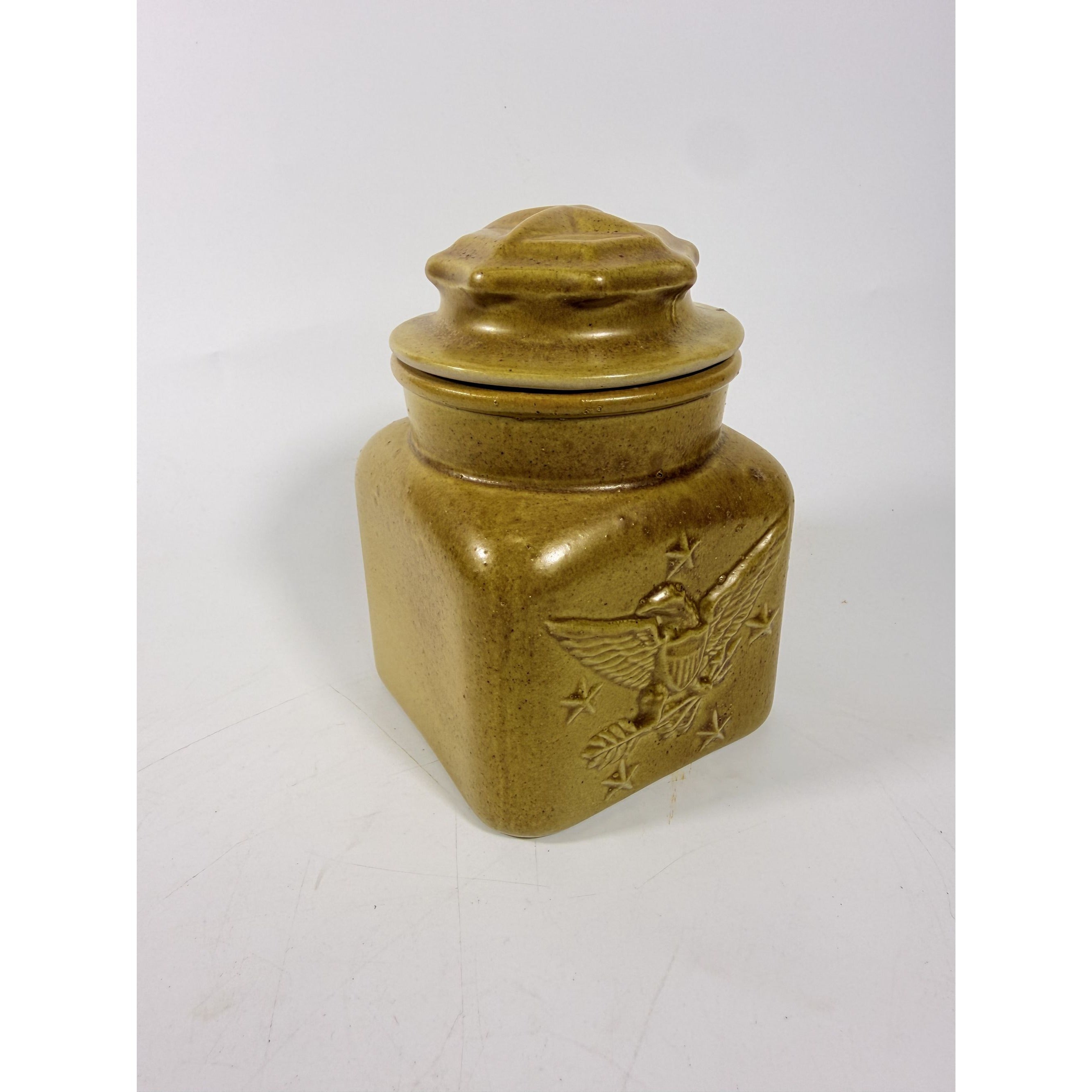 Pottery Canister Bicentennial Eagle Vintage Stoneware Chatham Potter Star American Atalier Glazed Brown Kitchenware Commemerative Collector