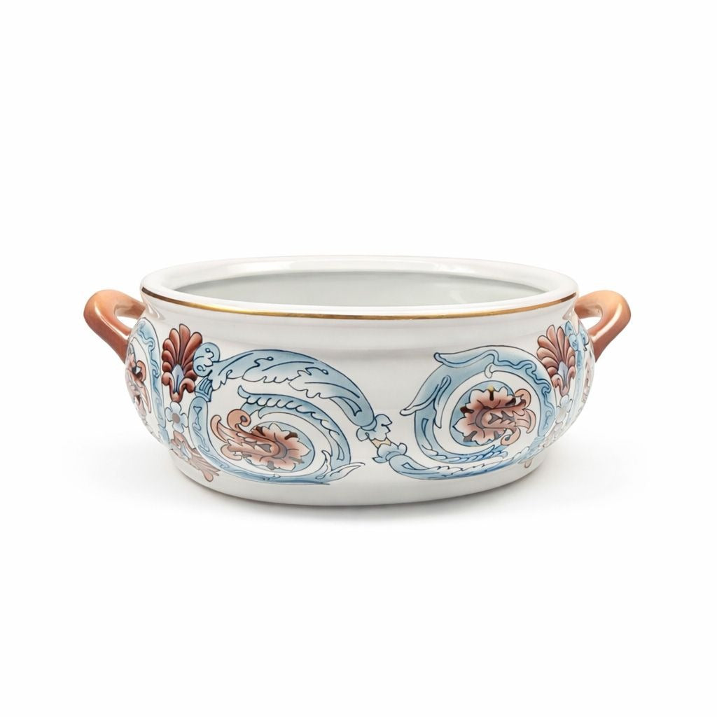 Jardiniere Planter Pot Hand Painted Handled Ceramaic Teal Brown Home Decor Decorative Accents Centerpiece Grand Millennial
