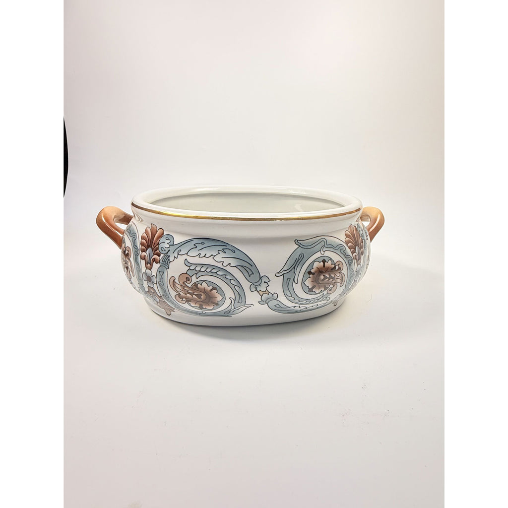 Jardiniere Planter Pot Hand Painted Handled Ceramaic Teal Brown Home Decor Decorative Accents Centerpiece Grand Millennial