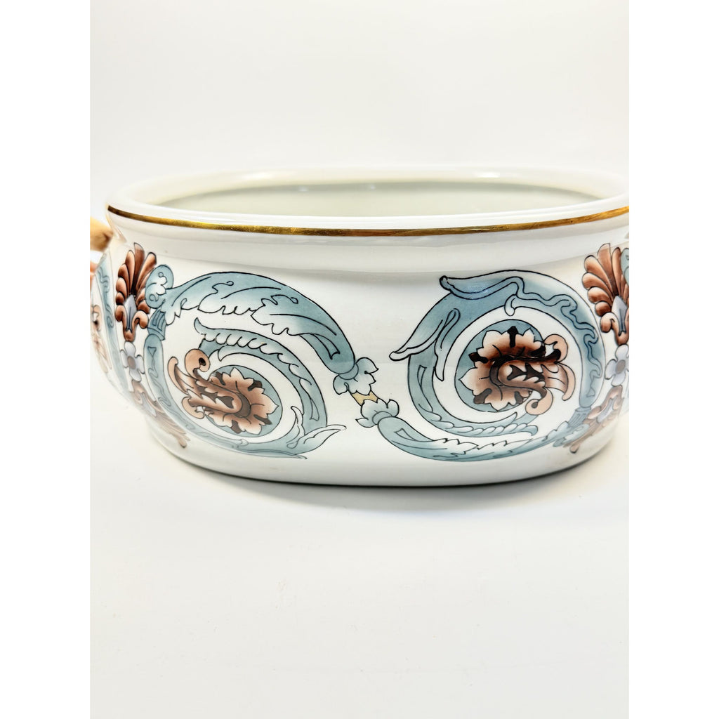 Jardiniere Planter Pot Hand Painted Handled Ceramaic Teal Brown Home Decor Decorative Accents Centerpiece Grand Millennial