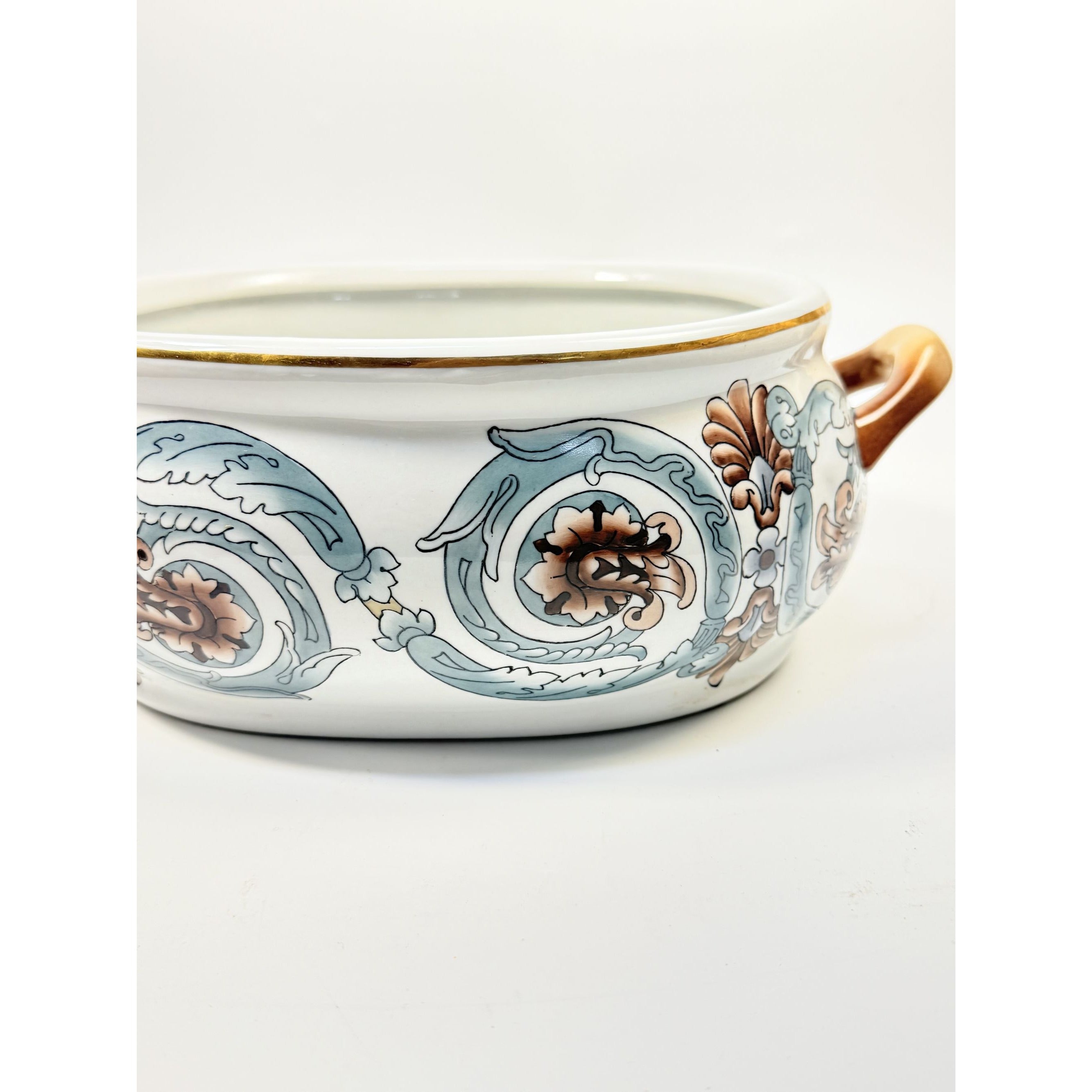 Jardiniere Planter Pot Hand Painted Handled Ceramaic Teal Brown Home Decor Decorative Accents Centerpiece Grand Millennial
