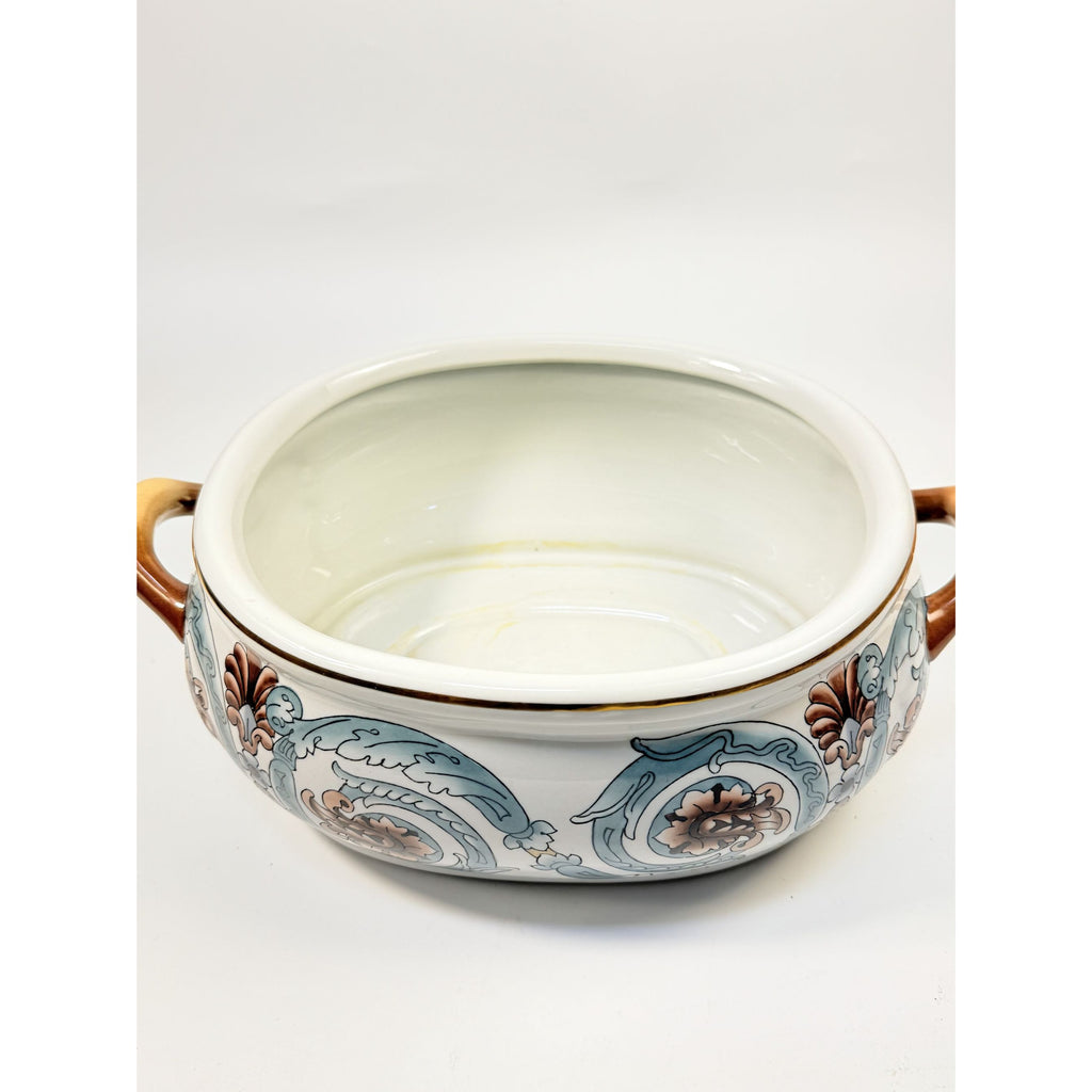 Jardiniere Planter Pot Hand Painted Handled Ceramaic Teal Brown Home Decor Decorative Accents Centerpiece Grand Millennial