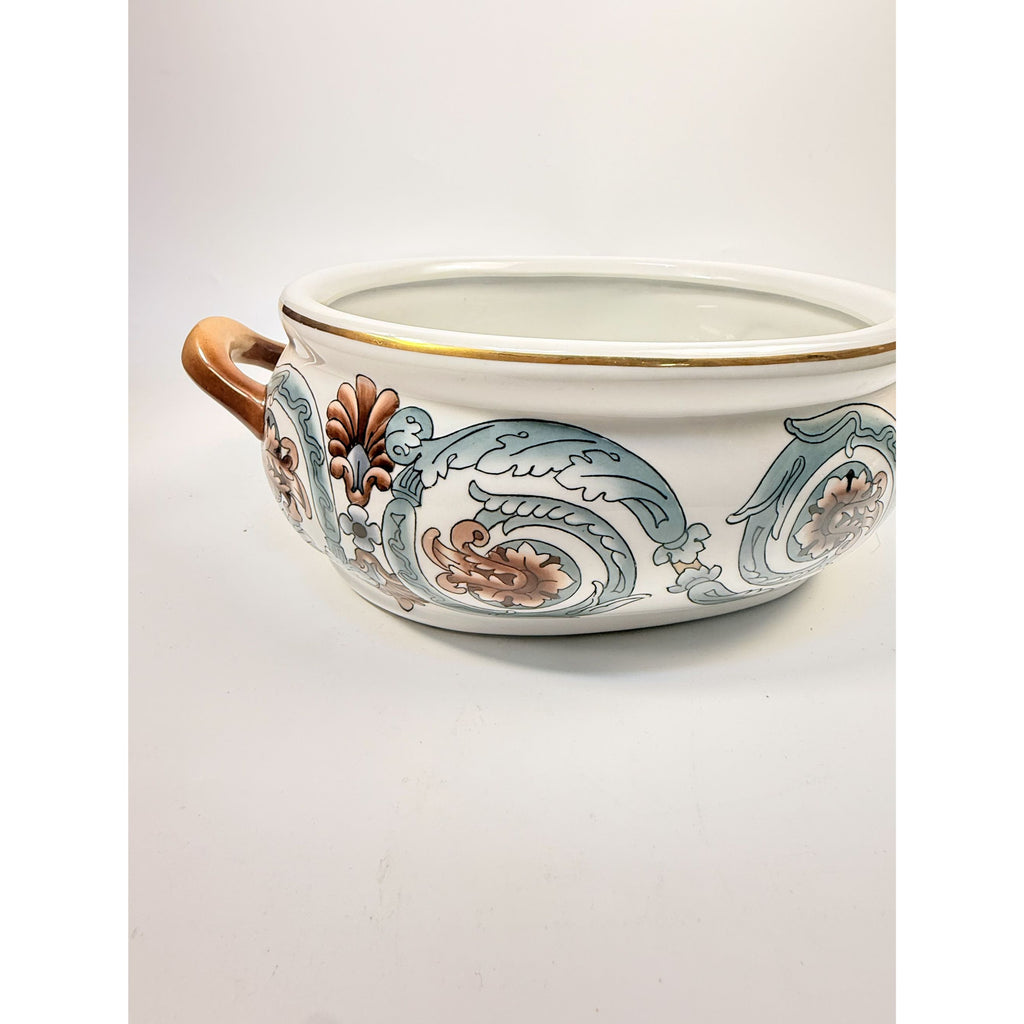 Jardiniere Planter Pot Hand Painted Handled Ceramaic Teal Brown Home Decor Decorative Accents Centerpiece Grand Millennial