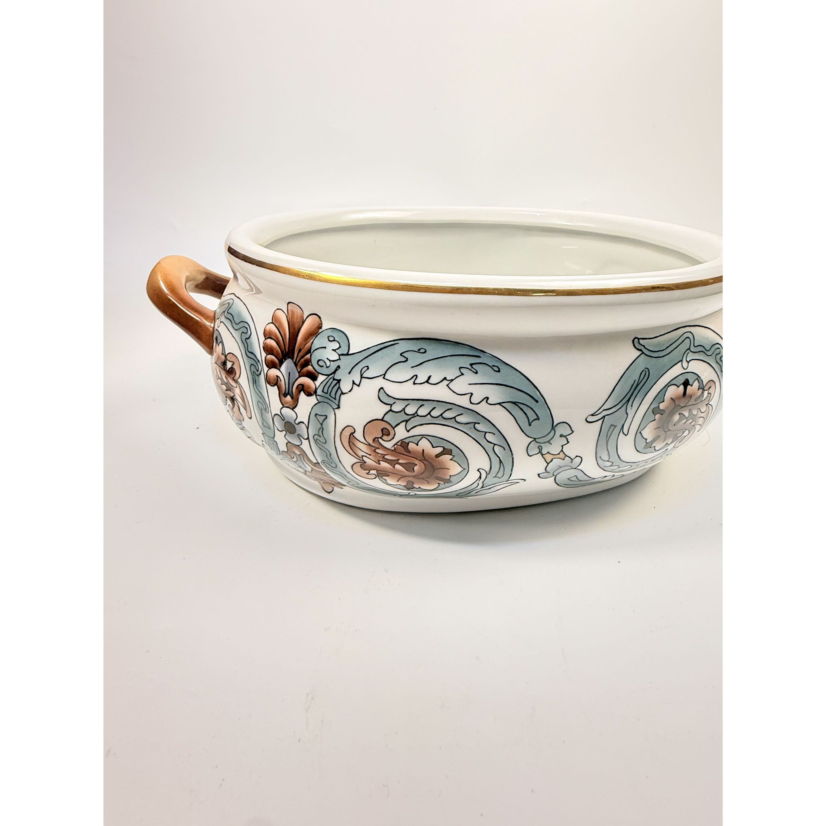 Jardiniere Planter Pot Hand Painted Handled Ceramaic Teal Brown Home Decor Decorative Accents Centerpiece Grand Millennial