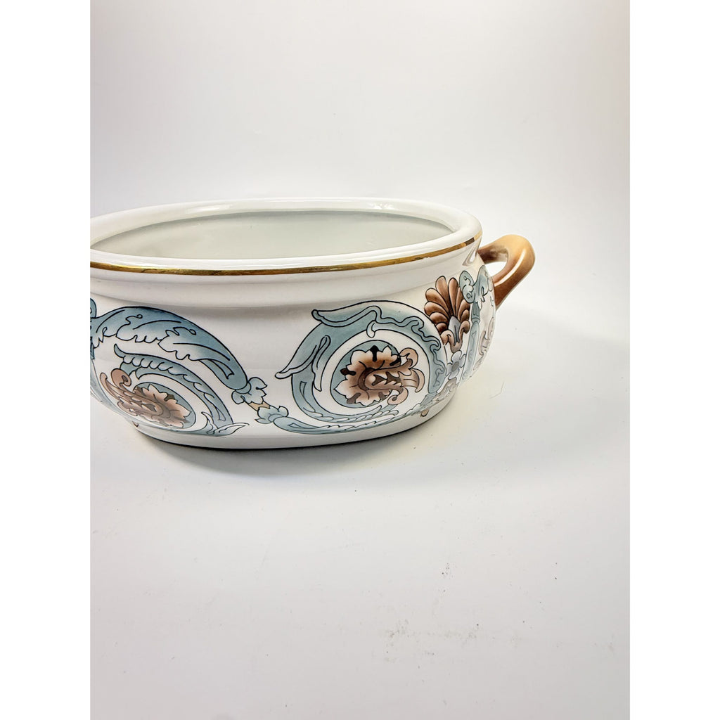 Jardiniere Planter Pot Hand Painted Handled Ceramaic Teal Brown Home Decor Decorative Accents Centerpiece Grand Millennial