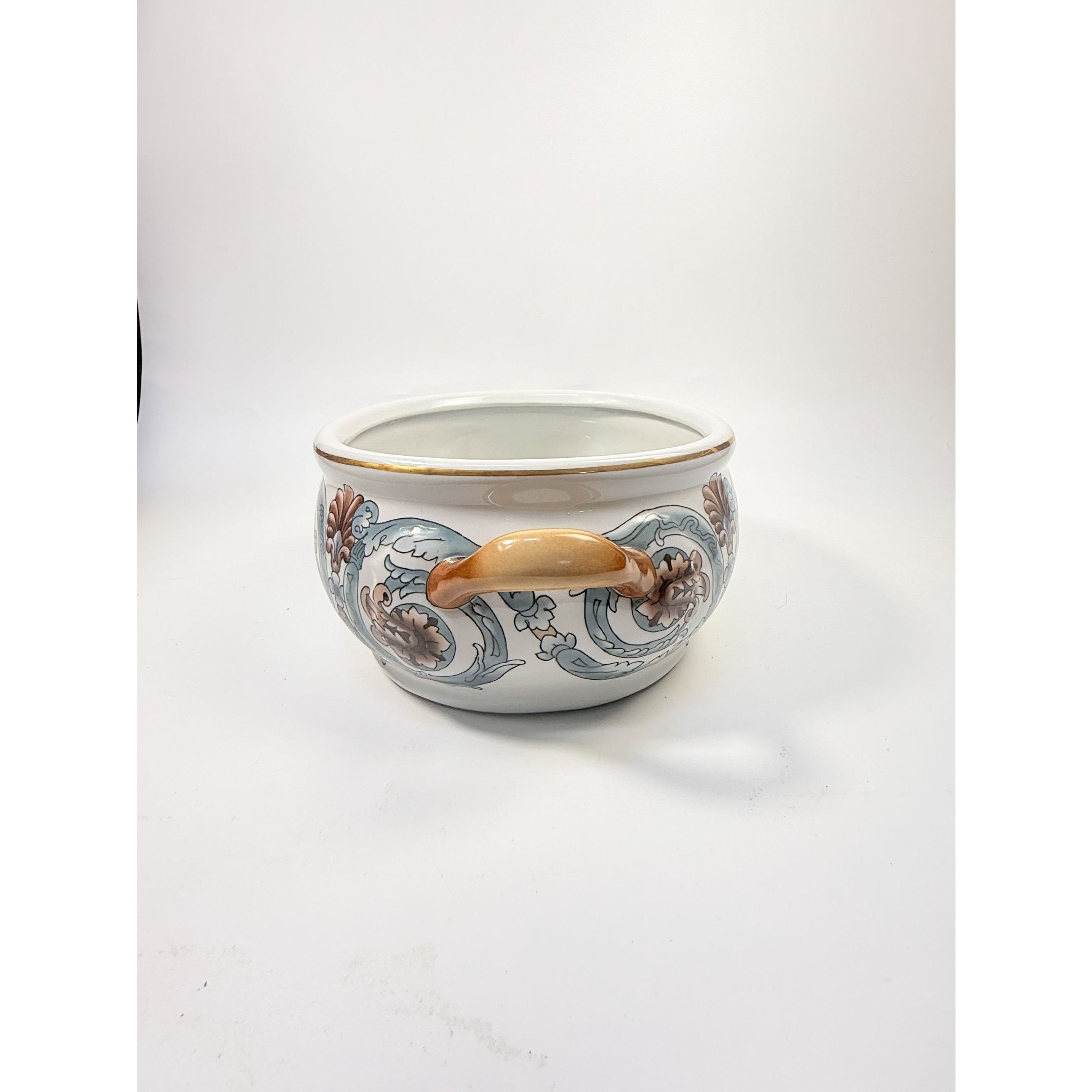 Jardiniere Planter Pot Hand Painted Handled Ceramaic Teal Brown Home Decor Decorative Accents Centerpiece Grand Millennial
