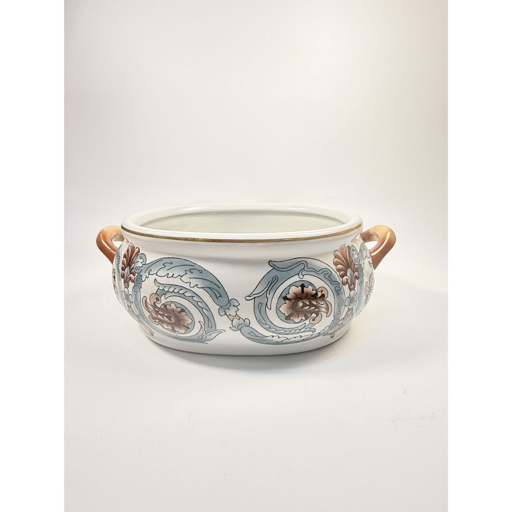Jardiniere Planter Pot Hand Painted Handled Ceramaic Teal Brown Home Decor Decorative Accents Centerpiece Grand Millennial