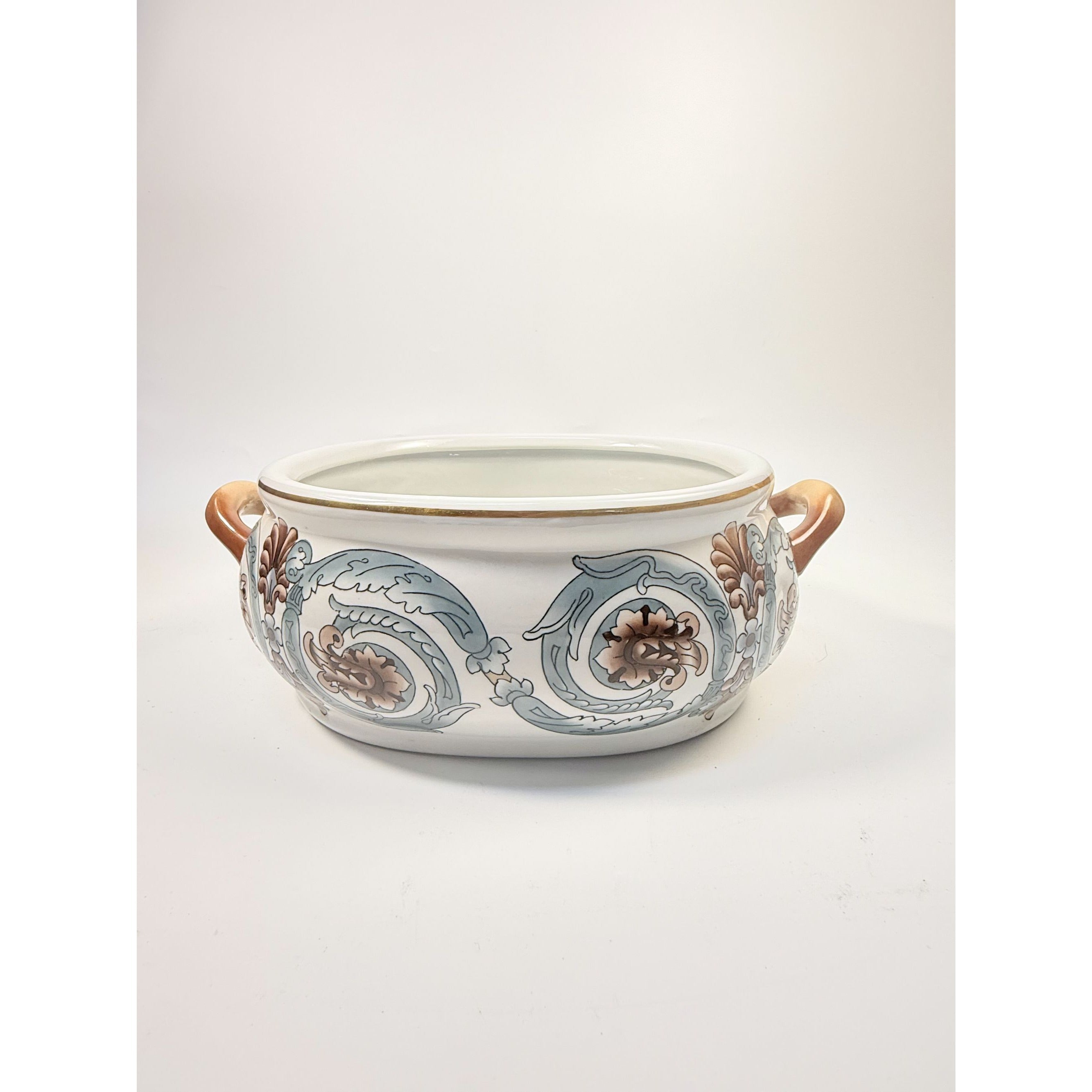 Jardiniere Planter Pot Hand Painted Handled Ceramaic Teal Brown Home Decor Decorative Accents Centerpiece Grand Millennial
