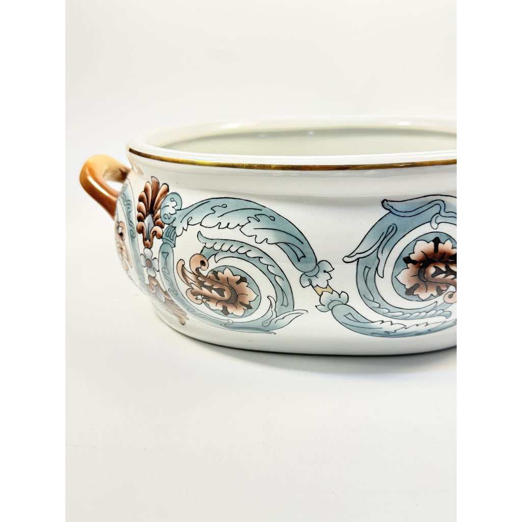 Jardiniere Planter Pot Hand Painted Handled Ceramaic Teal Brown Home Decor Decorative Accents Centerpiece Grand Millennial