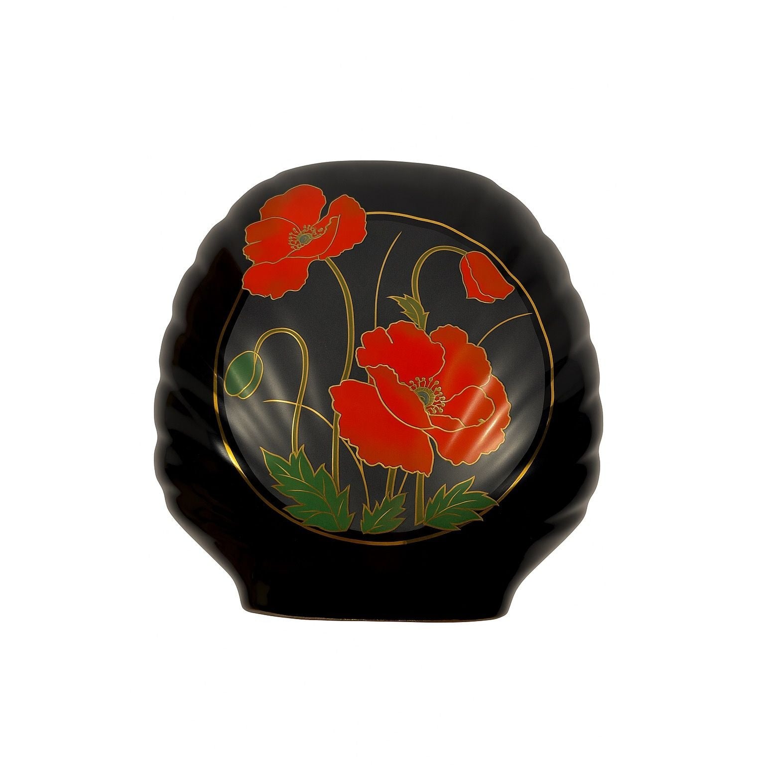 Oriental Vase Black Gloss Porcelain Red Poppies Flowers Poppy Fine China Japan 80s Retro Gold Embossed Home Decor Decorative Accents