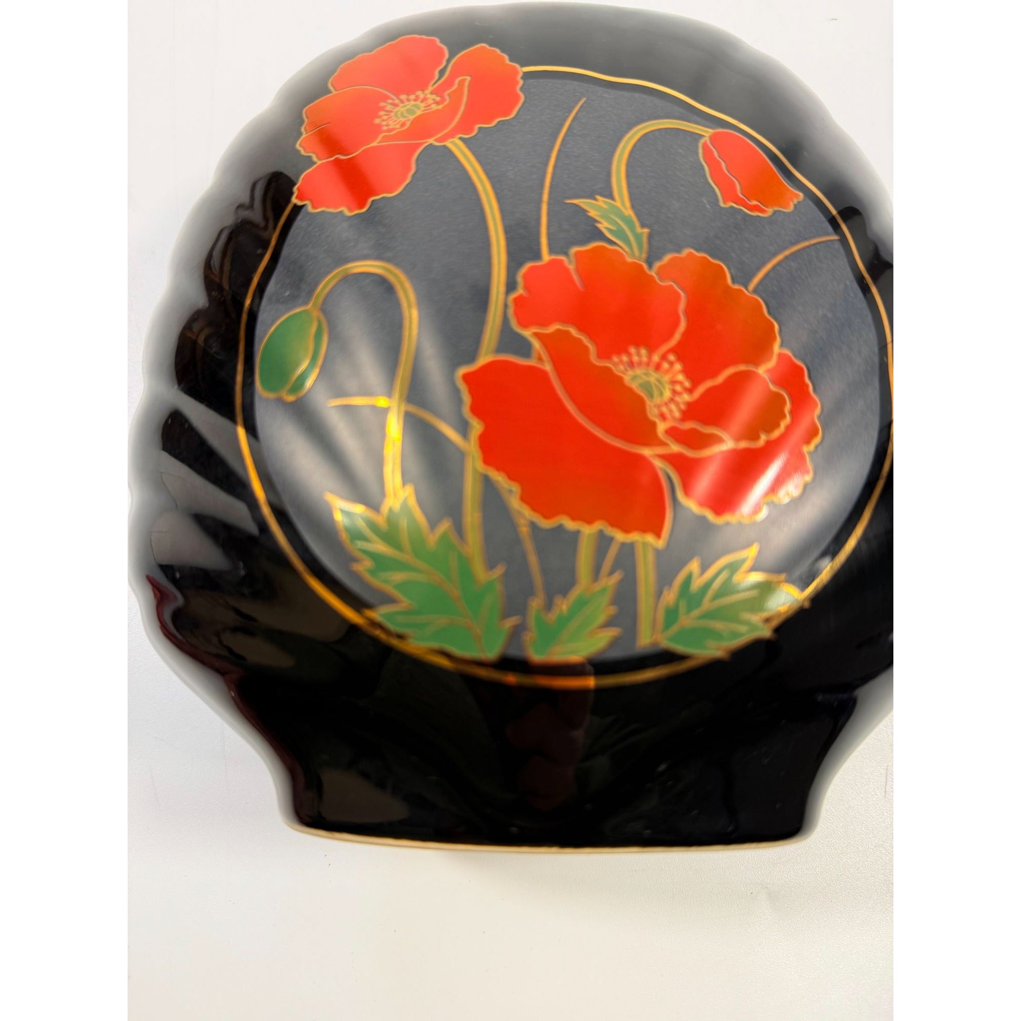 Oriental Vase Black Gloss Porcelain Red Poppies Flowers Poppy Fine China Japan 80s Retro Gold Embossed Home Decor Decorative Accents