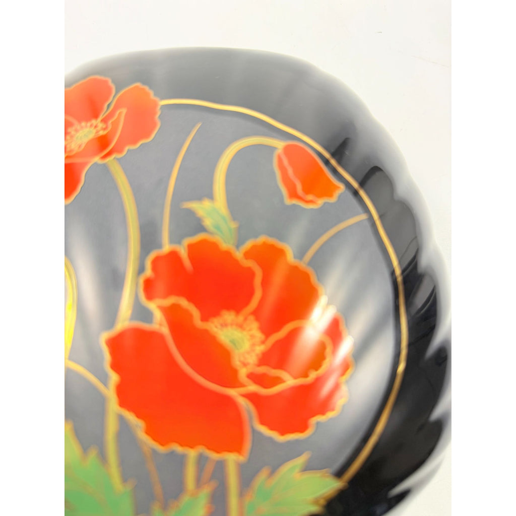 Oriental Vase Black Gloss Porcelain Red Poppies Flowers Poppy Fine China Japan 80s Retro Gold Embossed Home Decor Decorative Accents