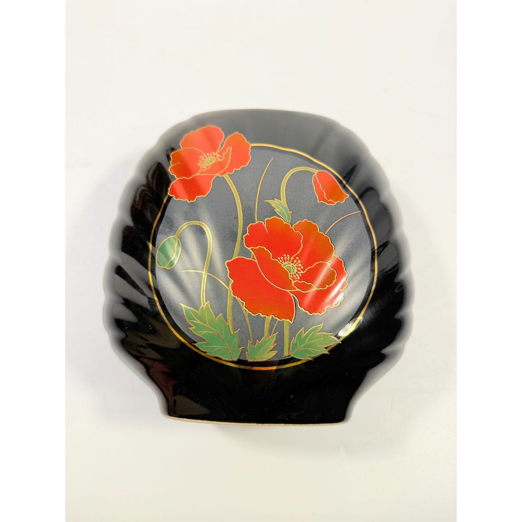 Oriental Vase Black Gloss Porcelain Red Poppies Flowers Poppy Fine China Japan 80s Retro Gold Embossed Home Decor Decorative Accents