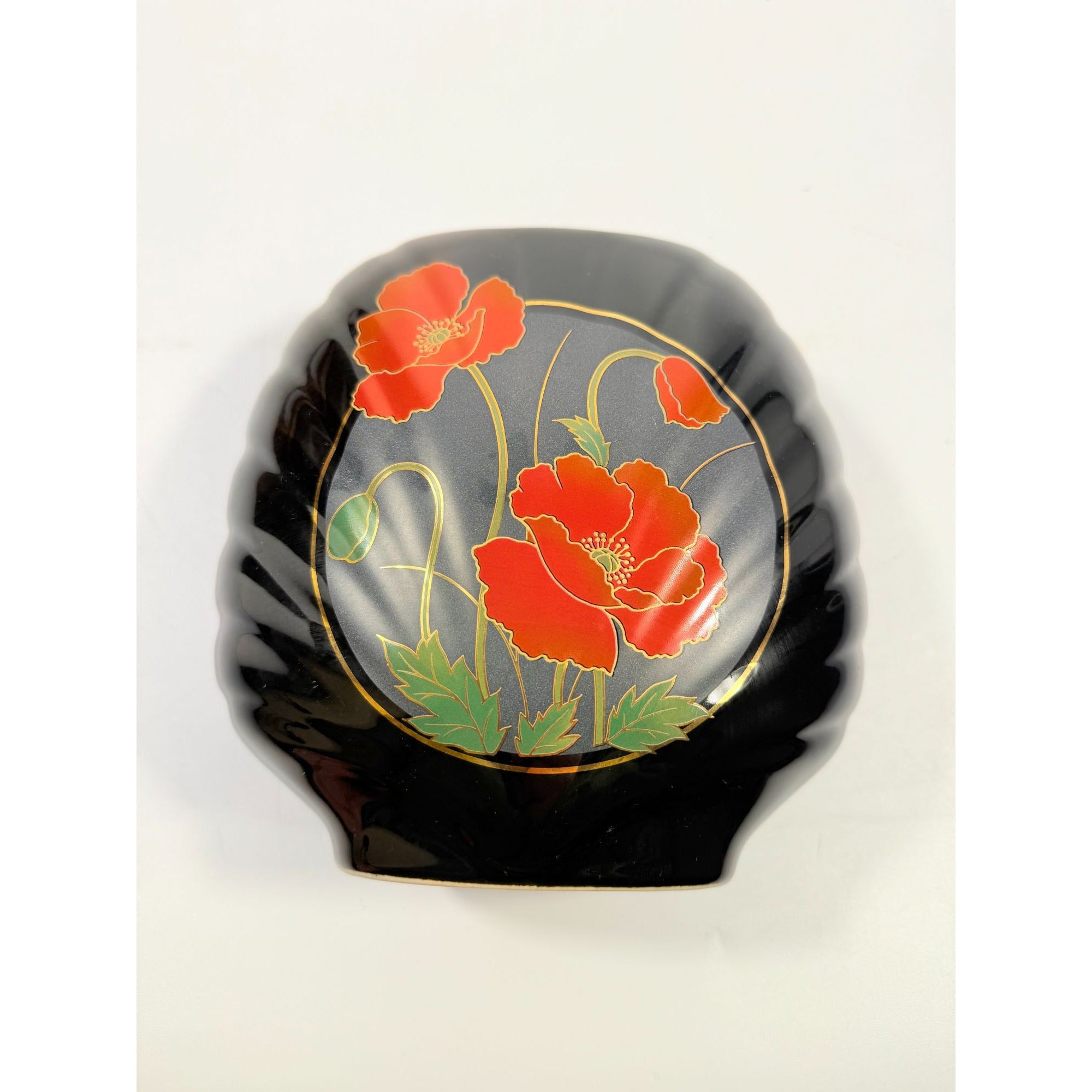 Oriental Vase Black Gloss Porcelain Red Poppies Flowers Poppy Fine China Japan 80s Retro Gold Embossed Home Decor Decorative Accents