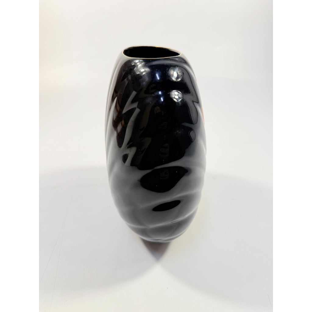 Oriental Vase Black Gloss Porcelain Red Poppies Flowers Poppy Fine China Japan 80s Retro Gold Embossed Home Decor Decorative Accents