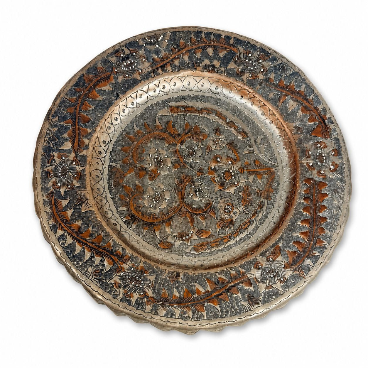 Serving Tray Wall Hanging Brass and Cooper Hand Etched Engraved Plate Middle Eastern Islamic Home Decor Decorative Accents Vintage Ethnic