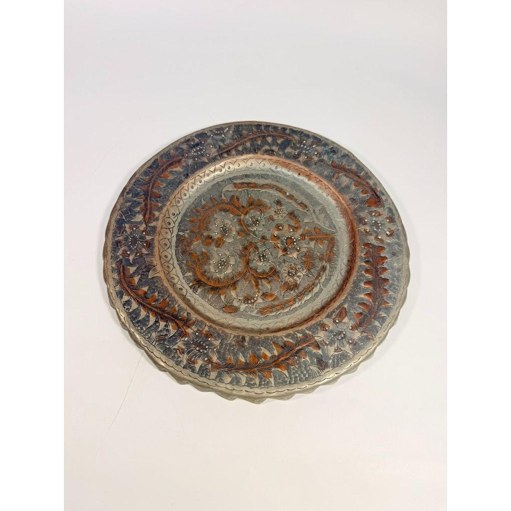 Serving Tray Wall Hanging Brass and Cooper Hand Etched Engraved Plate Middle Eastern Islamic Home Decor Decorative Accents Vintage Ethnic