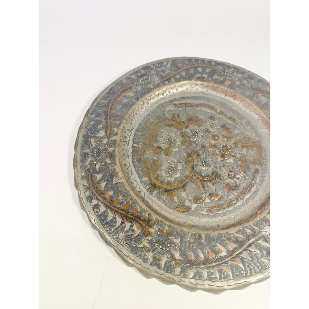 Serving Tray Wall Hanging Brass and Cooper Hand Etched Engraved Plate Middle Eastern Islamic Home Decor Decorative Accents Vintage Ethnic