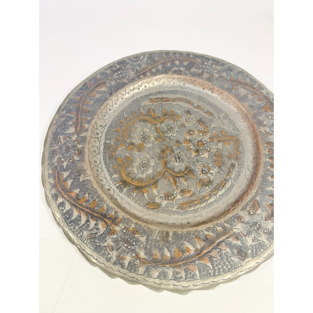 Serving Tray Wall Hanging Brass and Cooper Hand Etched Engraved Plate Middle Eastern Islamic Home Decor Decorative Accents Vintage Ethnic