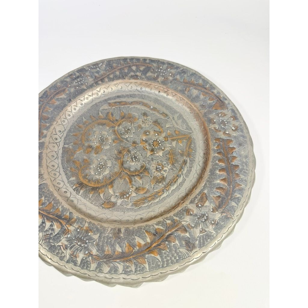 Serving Tray Wall Hanging Brass and Cooper Hand Etched Engraved Plate Middle Eastern Islamic Home Decor Decorative Accents Vintage Ethnic