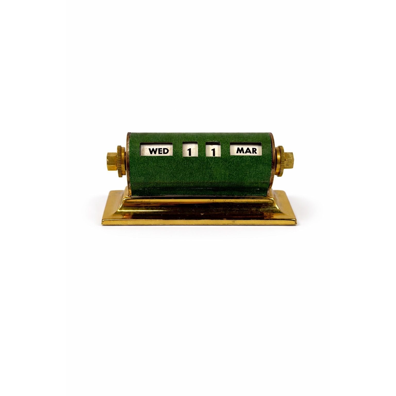 Perpetual Desk Calendar Green Leather & Brass Rolling Date Vintage Mid Century Office Desk Decor