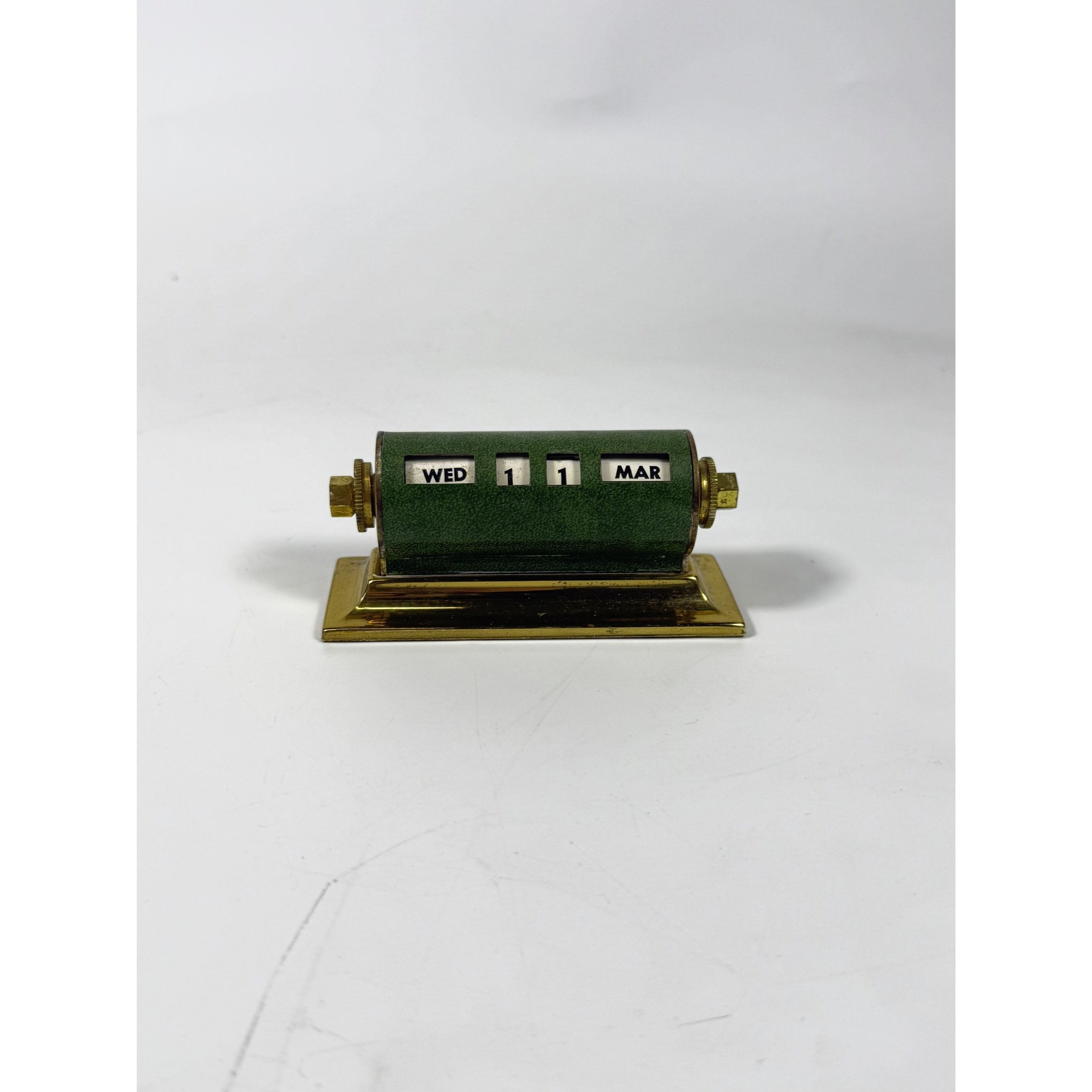 Perpetual Desk Calendar Green Leather & Brass Rolling Date Vintage Mid Century Office Desk Decor