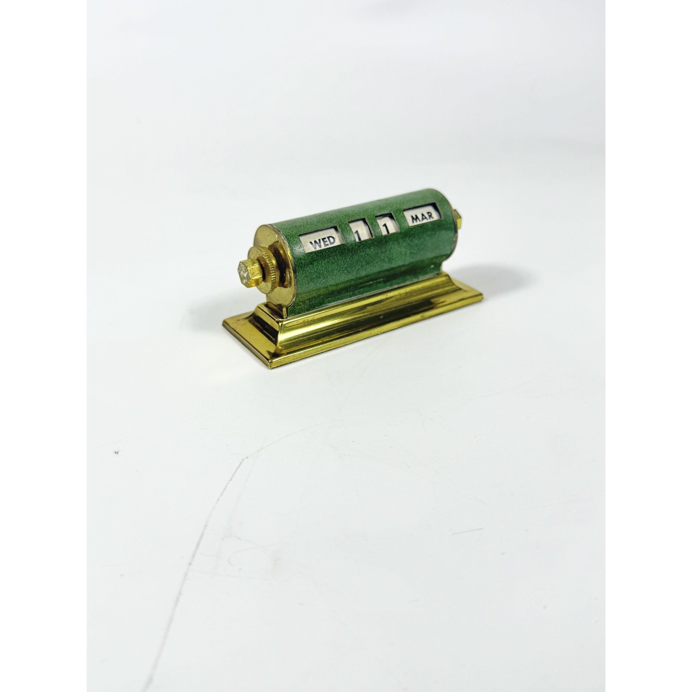 Perpetual Desk Calendar Green Leather & Brass Rolling Date Vintage Mid Century Office Desk Decor