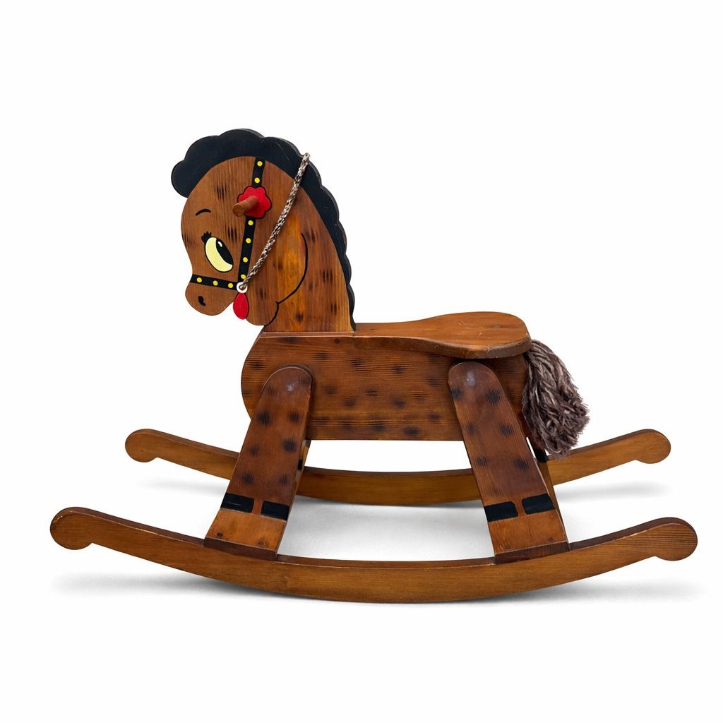 Wooden Rocking Horse Handmade Hand Painted Children Kid Size Vintage Folk Art Cottage Granny Core Yarn Mane Primitive Country Farmhouse