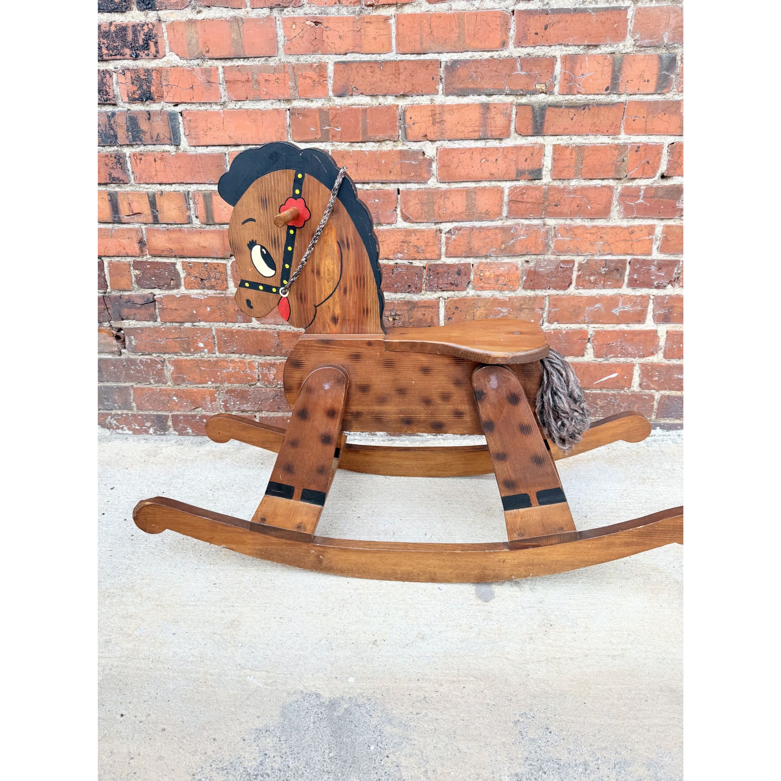 Wooden Rocking Horse Handmade Hand Painted Children Kid Size Vintage Folk Art Cottage Granny Core Yarn Mane Primitive Country Farmhouse