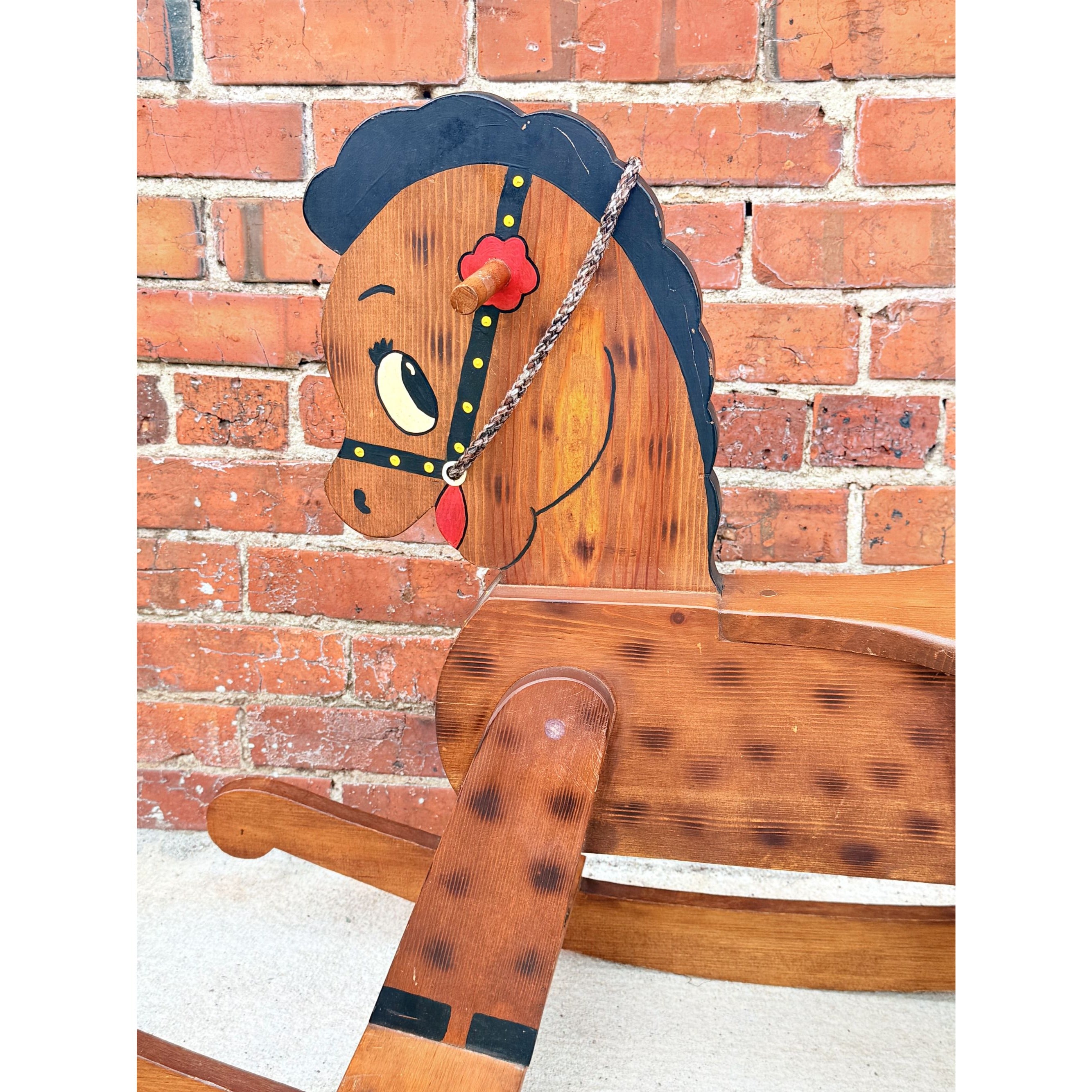 Wooden Rocking Horse Handmade Hand Painted Children Kid Size Vintage Folk Art Cottage Granny Core Yarn Mane Primitive Country Farmhouse
